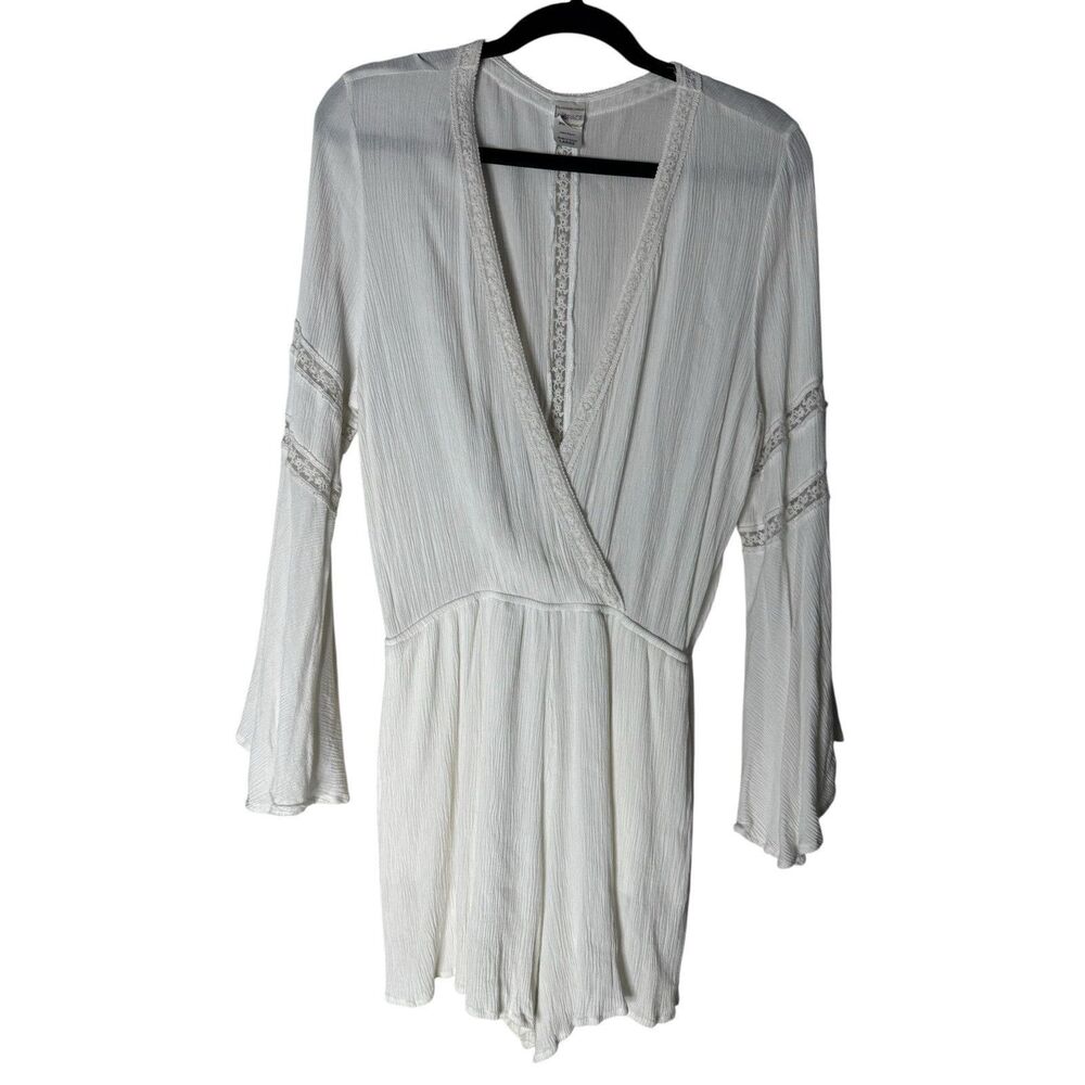 L Space Women's White Romper Lace Inserts Long Sleeve V Neck Size Large